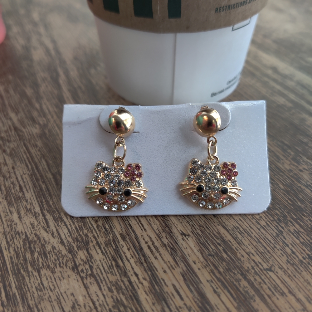 Gold Cat Face Earrings with Rhinestones - Picture 2 of 3